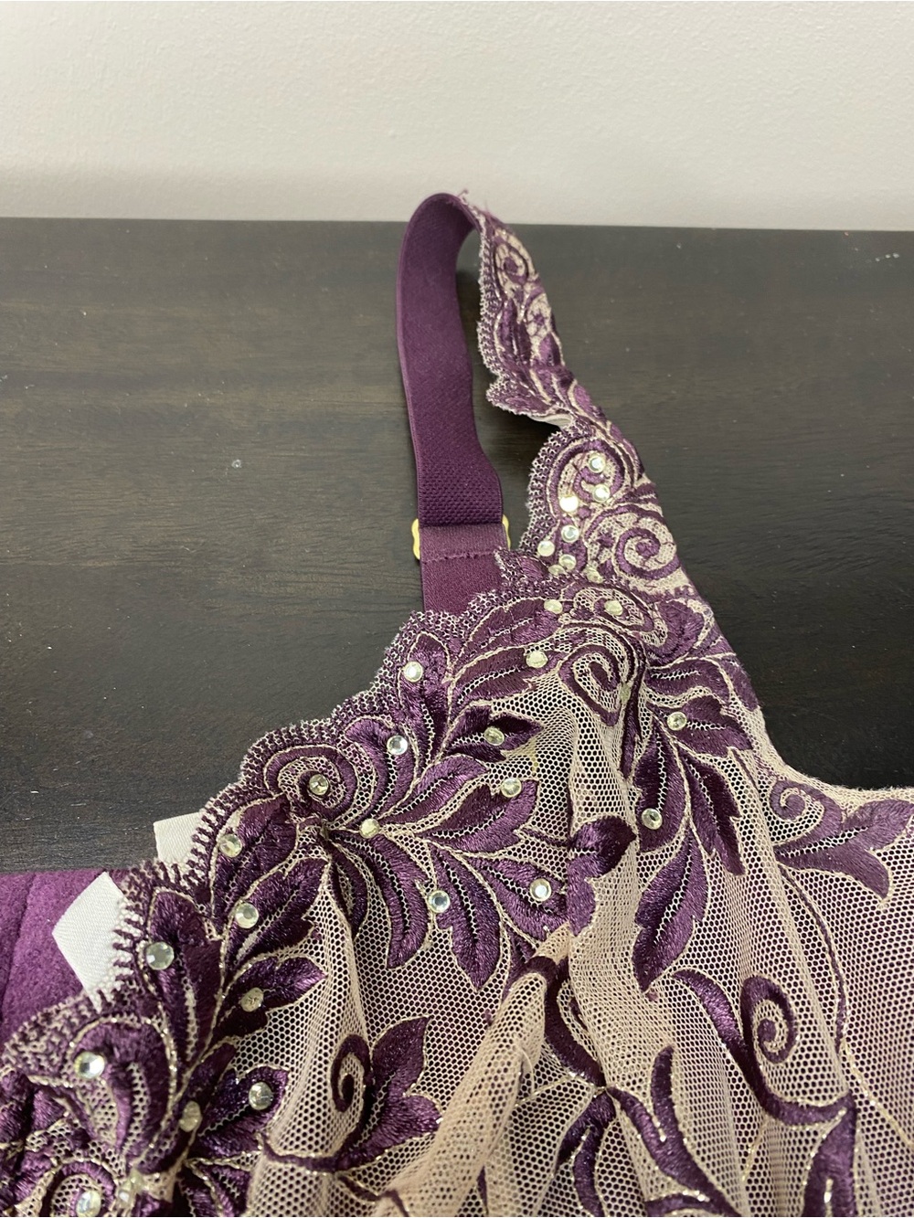 Soma Purple Floral Embroidered, Rhinestone  Bra with Beige Sheer Mesh - Picture 3 of 9